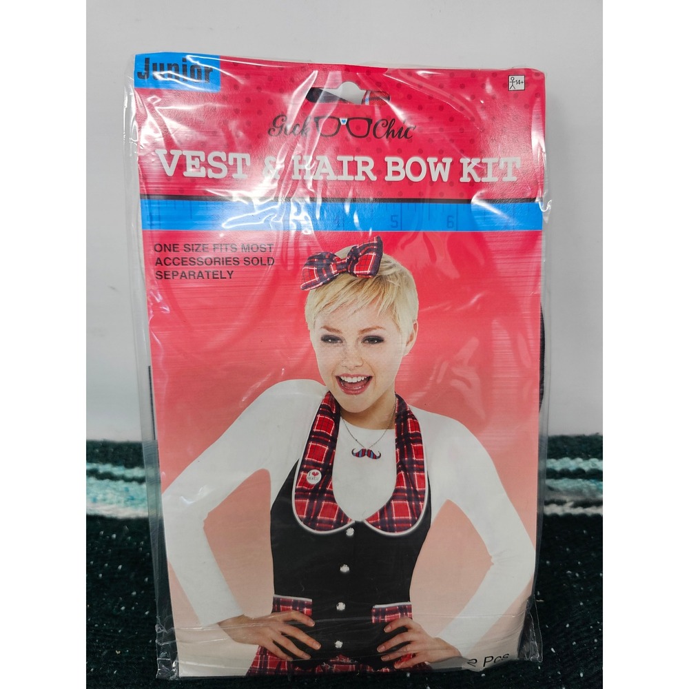 Geek Chic Vest and Hair Bow Kit Junior Red Plaid Costume Set 843408 NEW